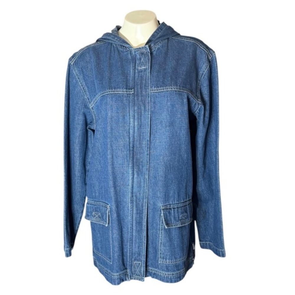 Blassport by Bill Blass Womens Blue Hooded Denim Jacket Medium Wash Size S Zip